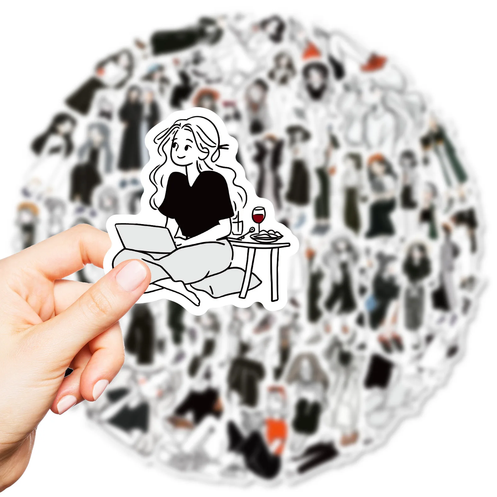 

56PCS Black and White Fashionable Girl Graffiti Stickers Cute INS Style Cartoon Decal Notebook Phone Guitar Skateboard Kid Toys