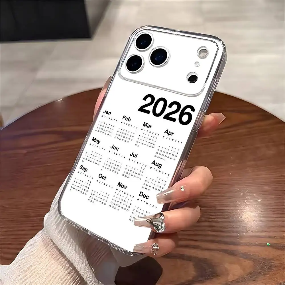 

New Year 2026 Calendar Pattern Phone Case For iPhone 17 16 15 14 13 12 11 Mini Pro Max Plus Transparent Cover