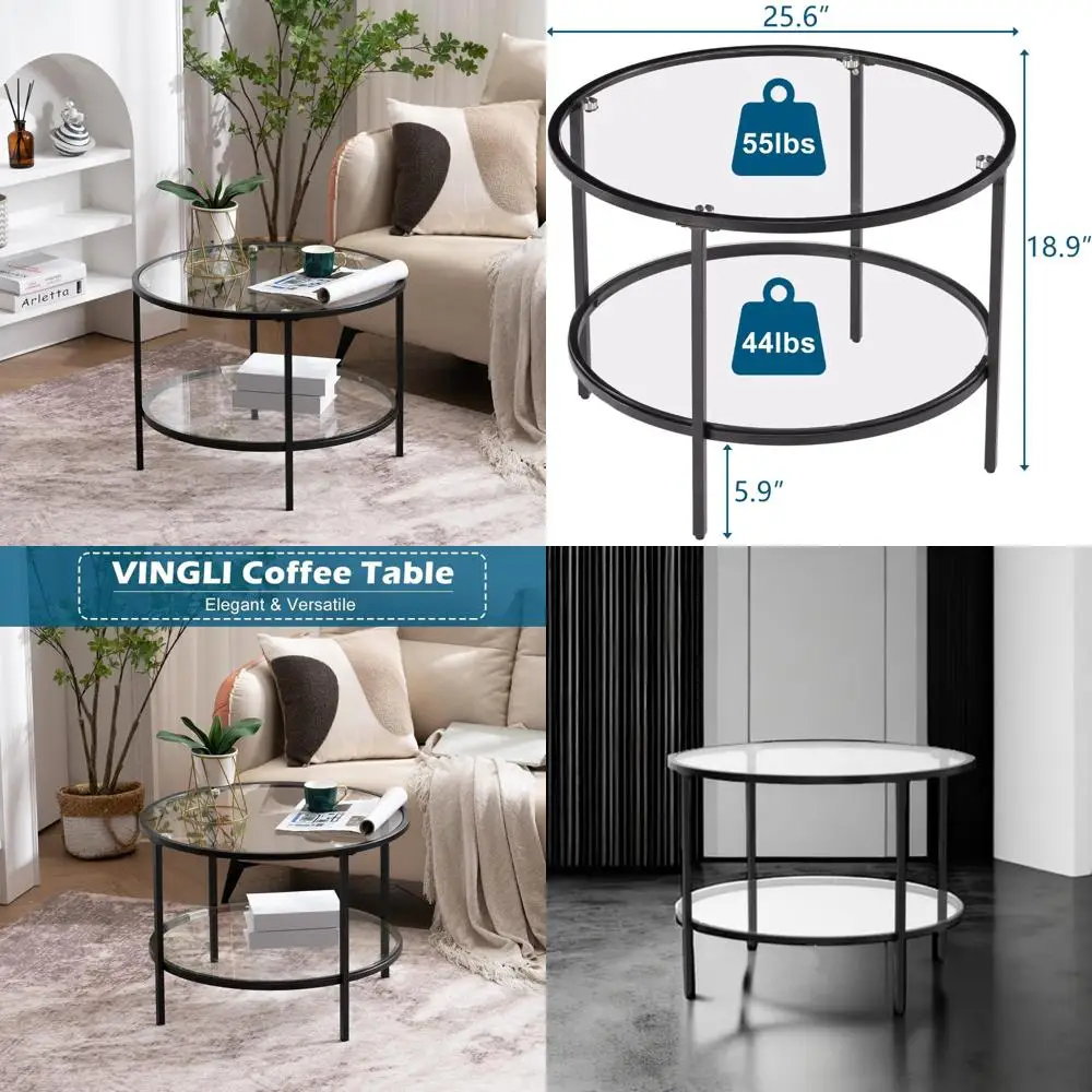 

Modern 2-Tier Round Glass Coffee Table with Storage, Simple & Elegant for Living Room, Clear Glass Top