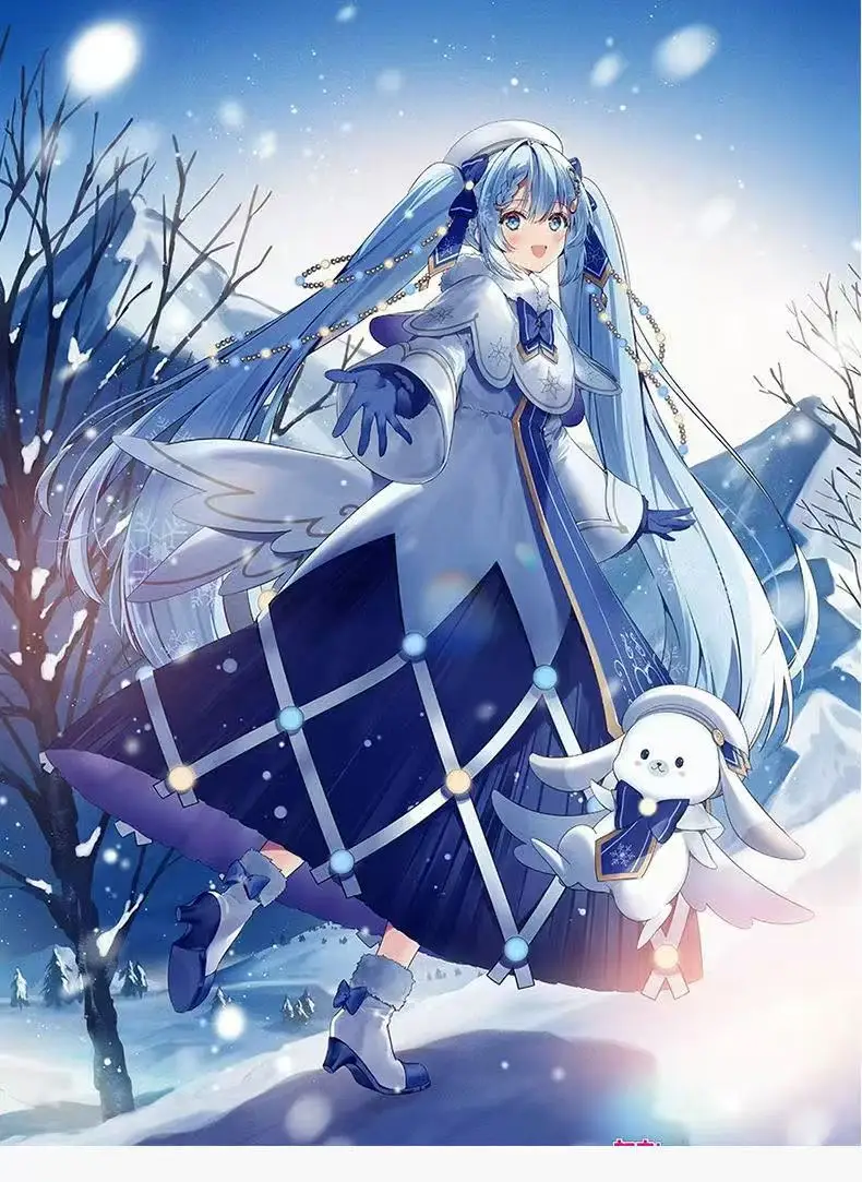 

Female Cosplay Costume Set for Snow Miku Winter Long Skirt Dress for Autumn Anime Conventions and wig