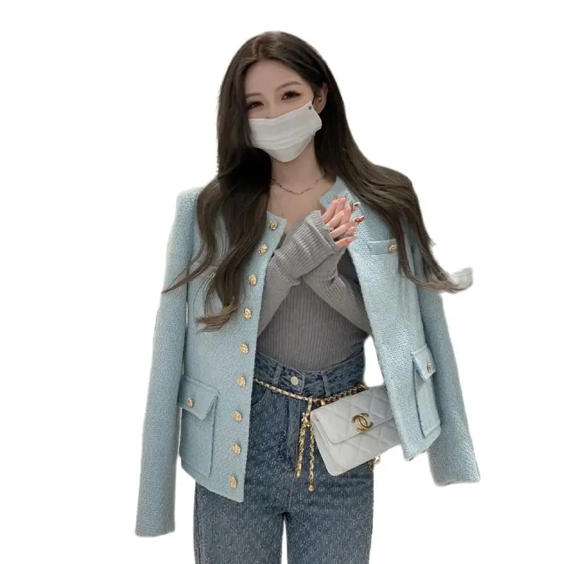 

Single-Breasted Round Neck Retro Loose Sweet Short Tweed Suit Jacket Women's Spring Autumn Blazers