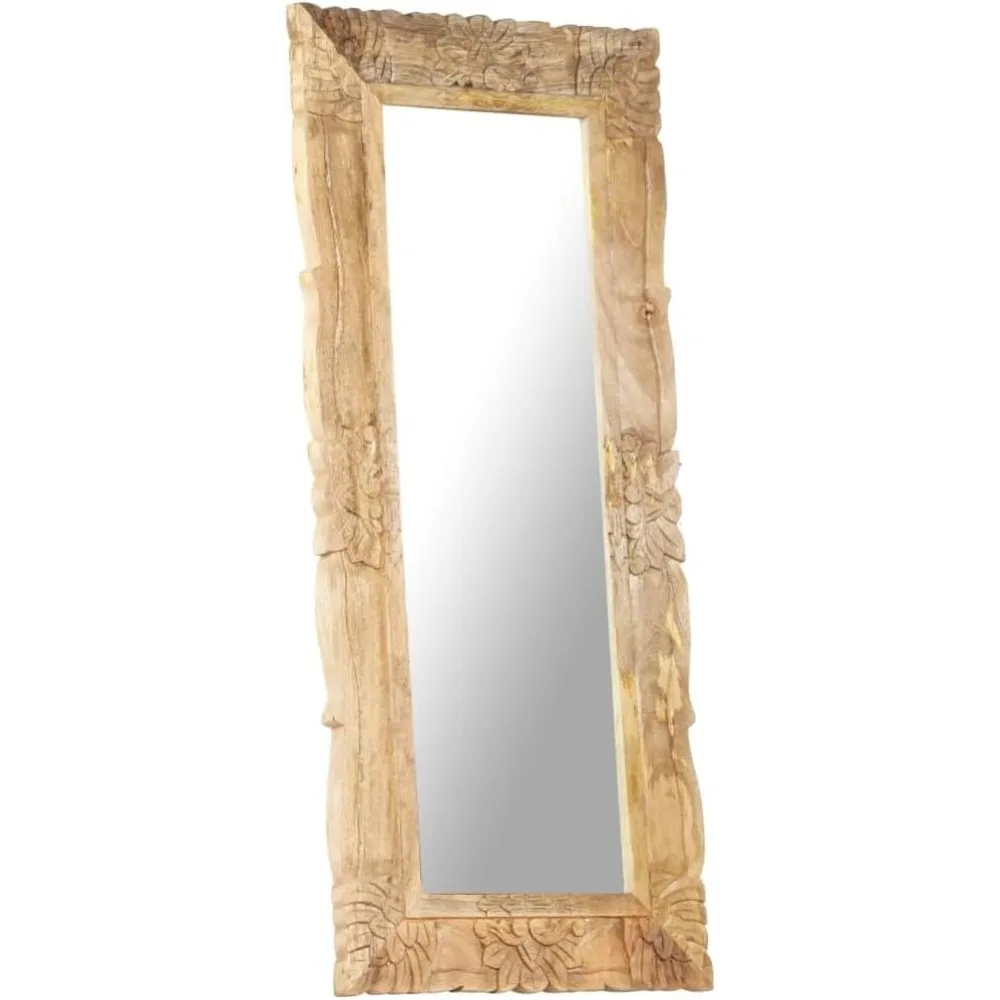 Solid Mango Wood Mirror-Hand Carved Decorative Wall Mirror for Living Room/Bathroom, Natural Brown Rectangular Shape