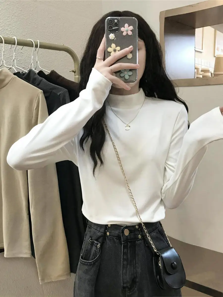 

Ele женская футболка с высоким воротником и длинным светом Base irt, внутренняя одежда, белая футболка, осенний модный студенческий топ, материал качества