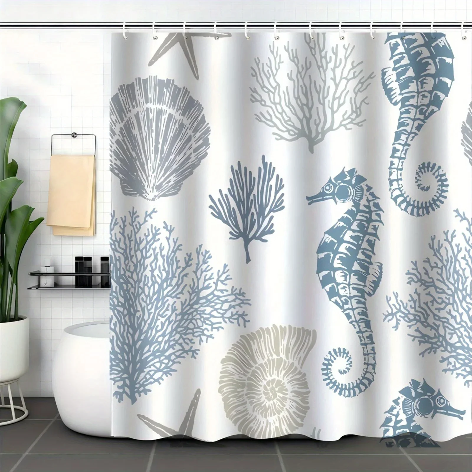 

1pc Seahorse Shell Pattern Shower Curtain, Digital Print Polyester High-Quality No-Hole Bathroom Partition Curtain
