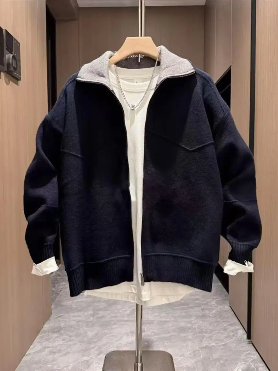 

Мужской повседневный вязаный свитер-кардиган с модным пэчворком и контрастными вставками в американском стиле, верхняя одежда для отдыха