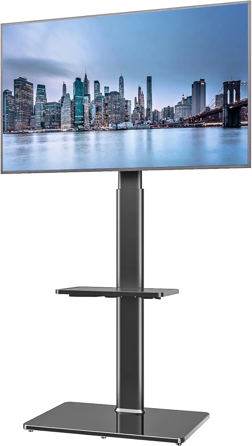 Universal Floor TV Stand for 19-43 Inch Screens, Adjustable Height, Swivel & Tilt, Space-Saving Design with Shelves