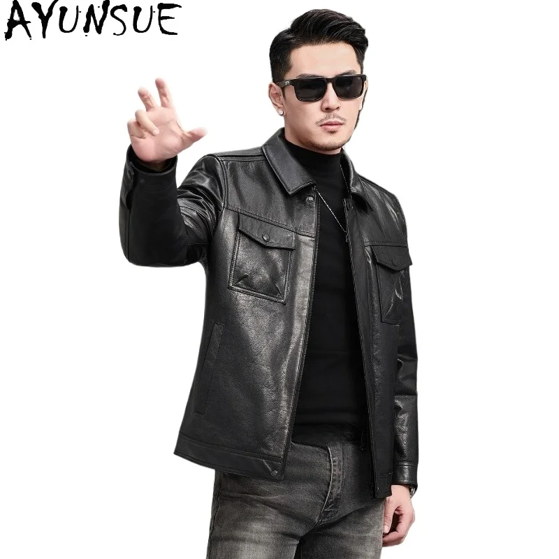 AYUNSUE 2026 Waxed Top Layer Cowhide Genuine Leather Down Jacket Men Lapel Collar Short Real Leather Coat Detachable Down Liner