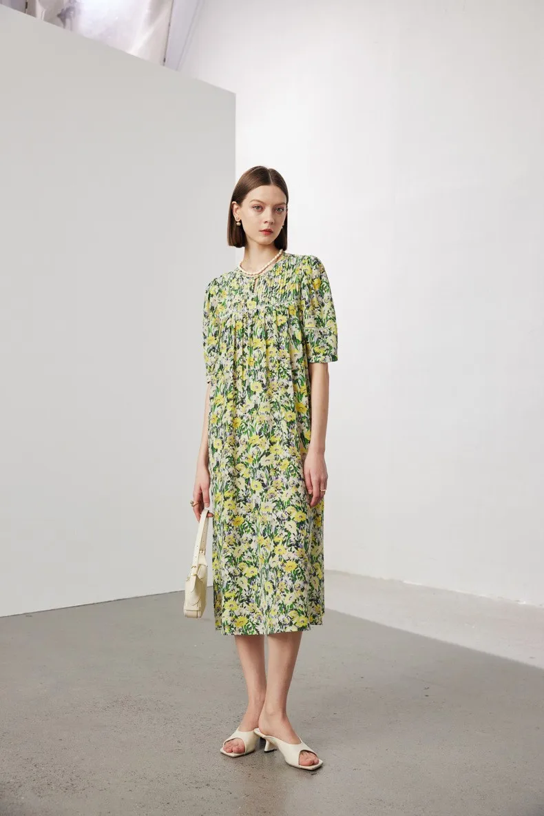 100% 天然シルクの女性のドレス O ネック半袖花柄プリントシャーリングハイストリートファッション Vestidos