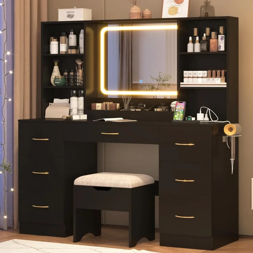 47 Inch Large Dressing Table with 7 Drawers, Cushion Stools, Sockets, 6 Shelves, Black Makeup Dressing Table Set