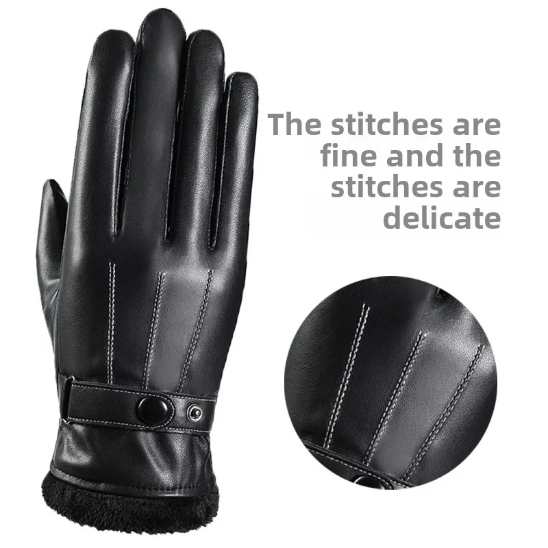 Trend PU Leather Touch Screen Gloves for Men Winter with Plush Warm Windproof Waterproof Cycling Riding Motorcycle Glove Gift