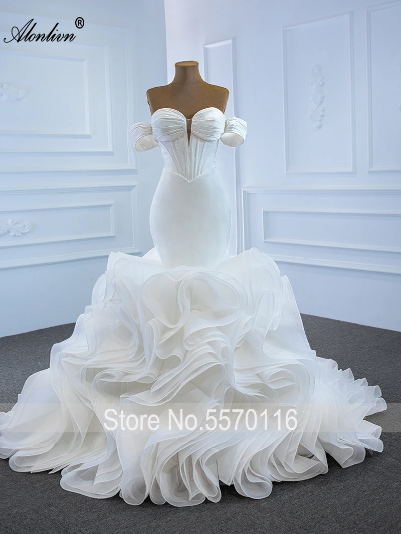 Alonlivn Real Photo Sweetheart Mermaid Weddind Dress With Tiered Ruffled Train Off Shoulder Sleeves Trumpet Bridal Gowns