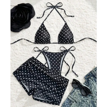Women\'s 3-Piece Polka Dot Bikini Set – Sexy Brazilian Swimsuit with Cover-Up Beach Swimwear 1