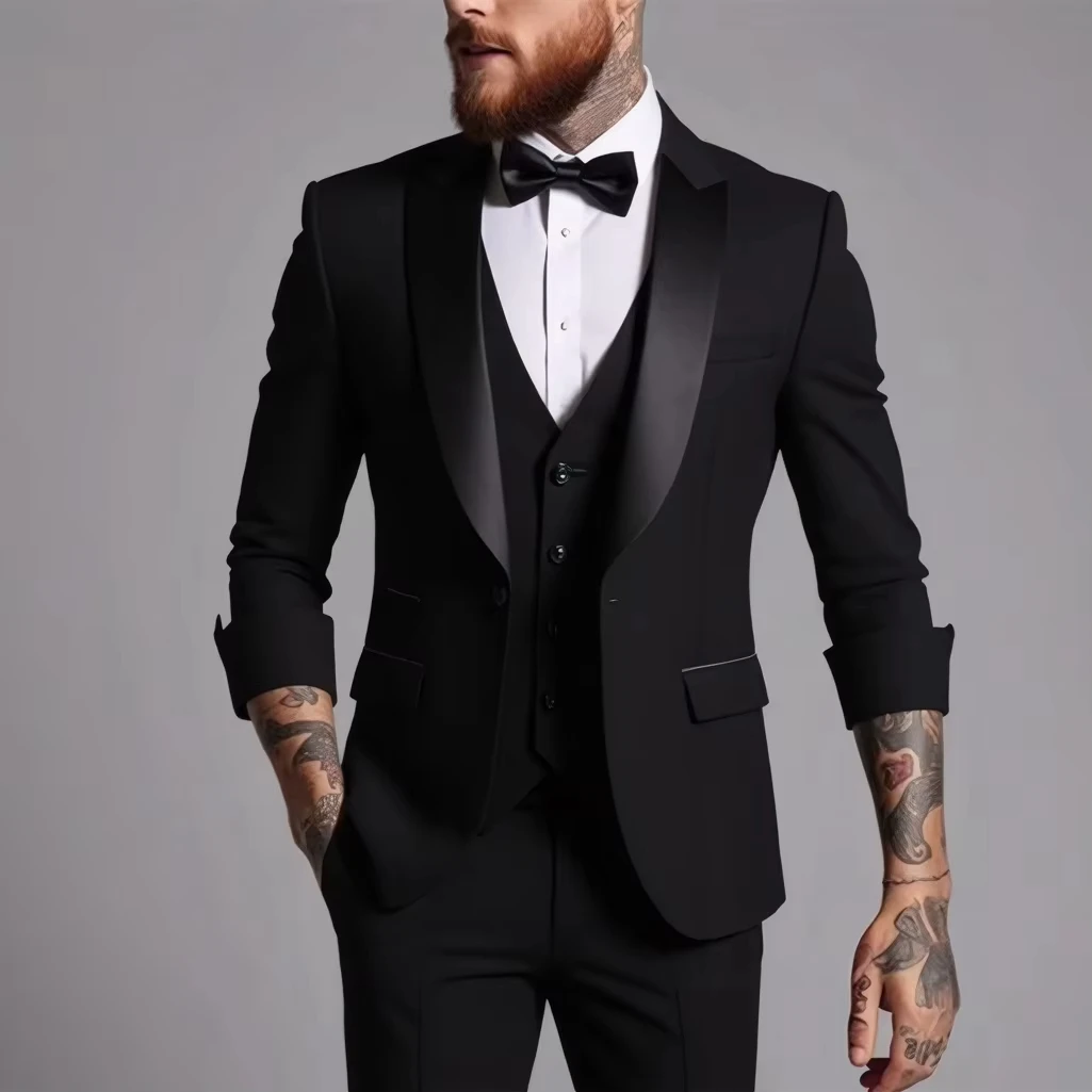 

Men Wedding Party Three Pieces Black Set Large Size Male Blazer Coat Pants and Vest Fashion Slim Fit Suit