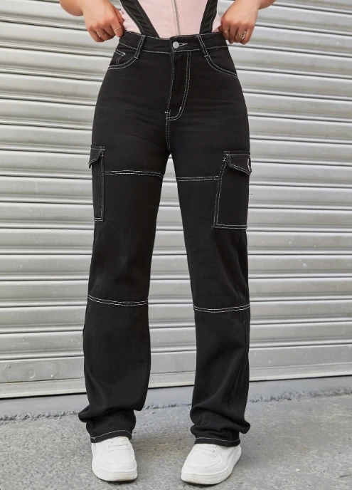 

Cargo Pants Straight Wide Leg Jeans for Women 2026 Spring Autumn Stitching High Waist Slim Fit Denim Pants with Pockets Laides
