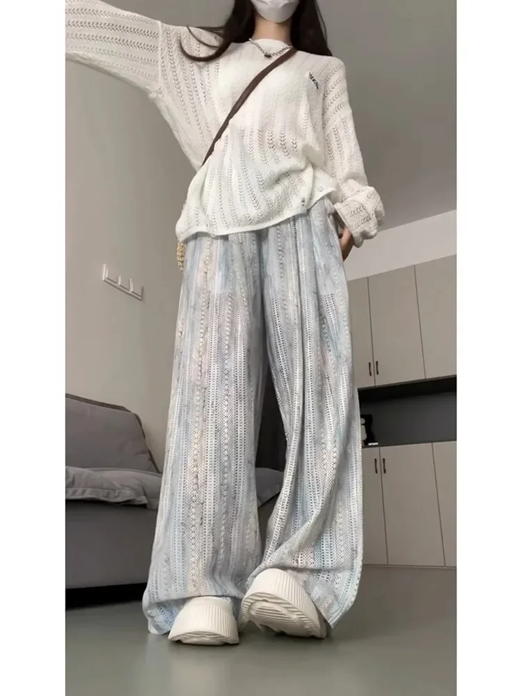 2025 มัดย้อมกางเกงลําลองกลวงสําหรับผู้หญิงในฤดูร้อนสไตล์บางY2kหลวมและบางและเข้าได้หลายชุดขี้เกียจกางเกงขากว้างเสื้อJ