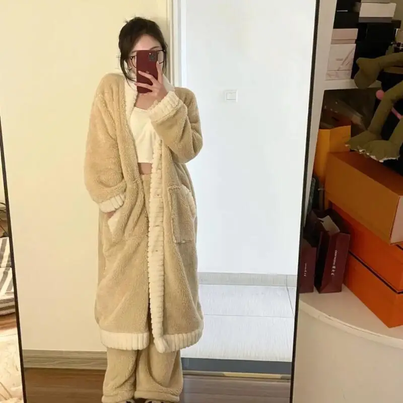 

Пижамные комплекты из кораллового флиса для девочек, длинный халат принцессы, брюки, одежда для отдыха, осенне-зимняя флисовая домашняя одежда, верхняя одежда с допамином, новинка