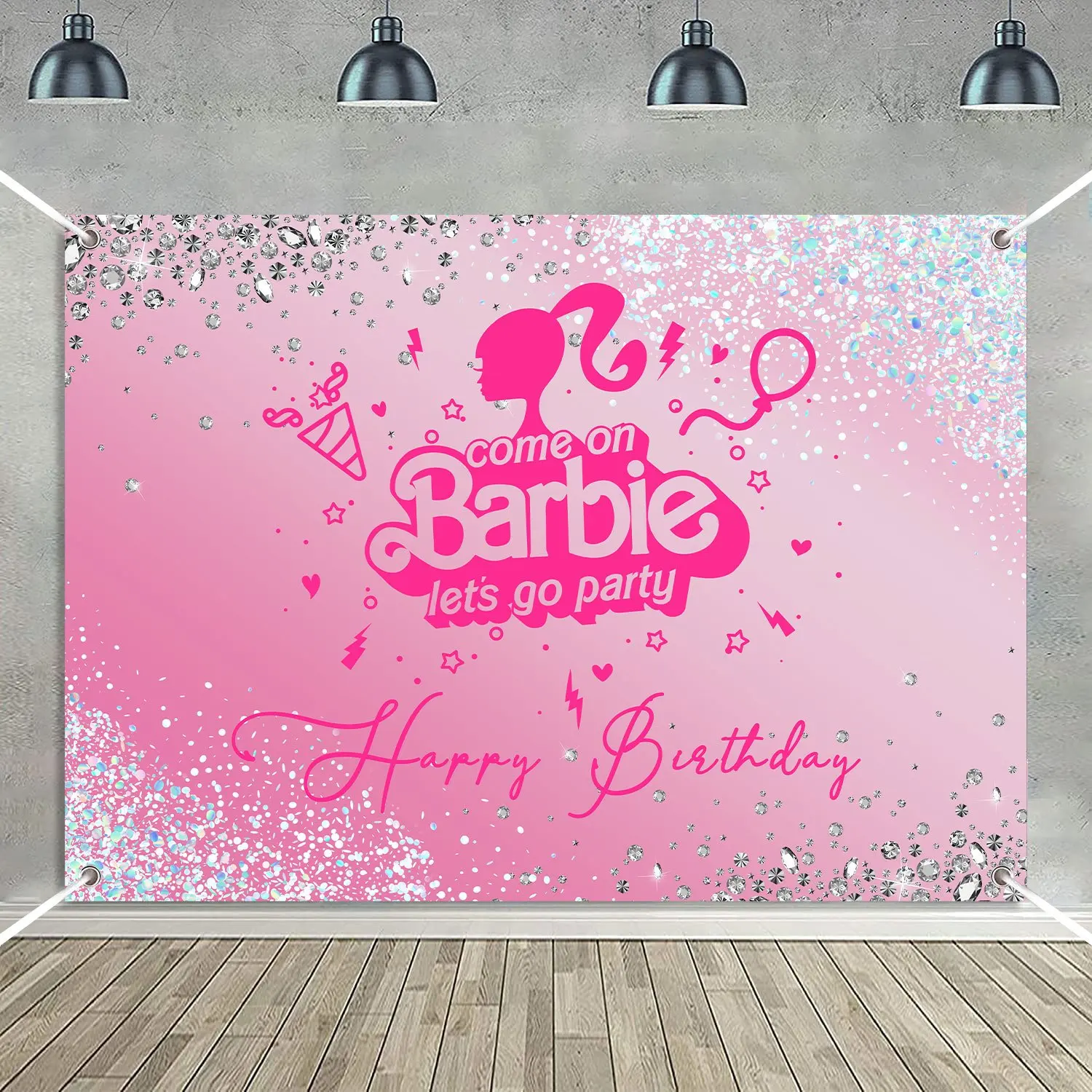 Tableclothsfactory Come On Lets Go Party Shining Diamonds Pink Birthday Photo Backdrop Girl Lady Banner Cake Table Decoration