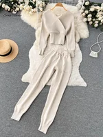 SINGREINY Winter Casual Knitted Two Pieces Suits V Neck Long Sleeve Sweater+ Elastic Casual Long Pants Sets Women Sweater Sets - Image 2