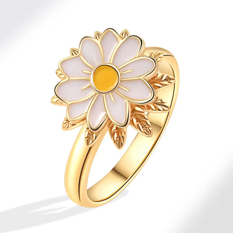 Anti-Stress And Anxiety Ring For Women Plant Flower Gold Colour Rotate Freely Fidget Metal Spinner Adjustable Open Rings Anillo