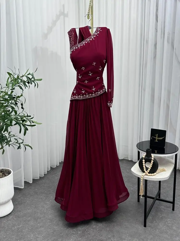 

Jirocum Luxury Burgundy Crystal Evening Dresses One-Shoulder Chiffon A-Line Gown for Gala & Prom