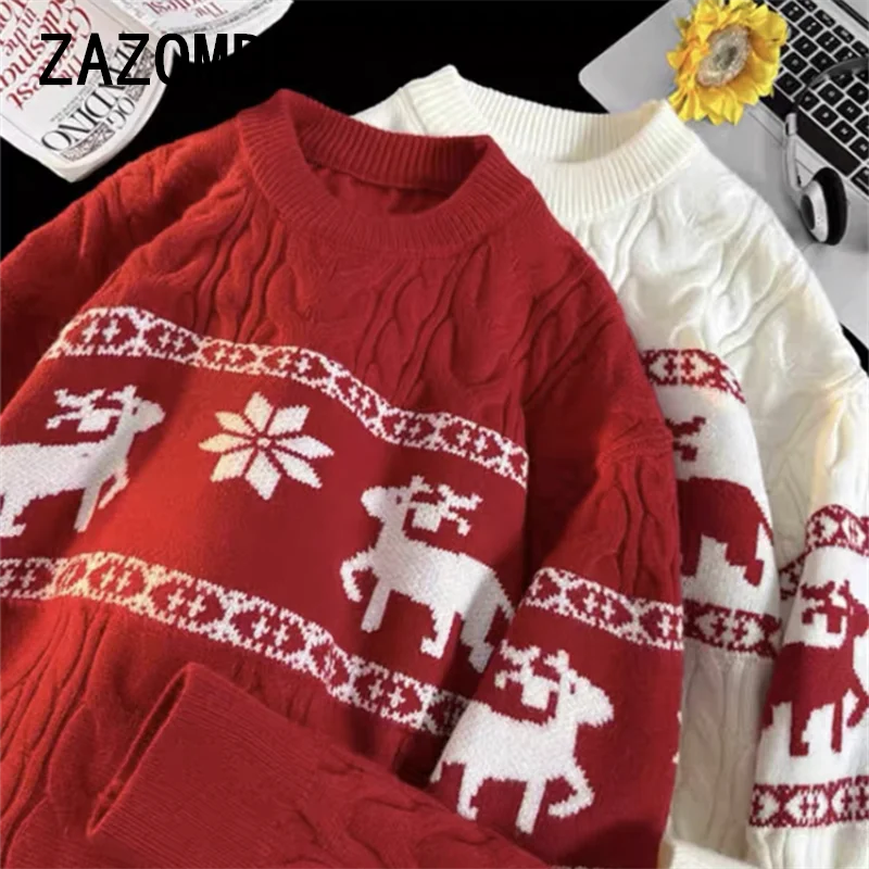 ZAZOMDE 2024 Winter Sweater New Knitwear Sweater Thick Warm Mens Sweaters With Deer Korean Harajuku Christmas Couple Clothing