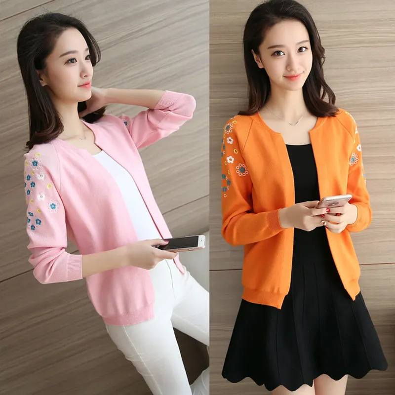 Summer Sweet Thin Sunscreen Cardigan Female Korean Open Stitch Blouse Female Holiday O-collar Daily Long Sleeve Blouses L131