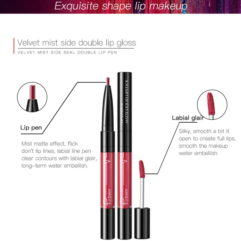 Hoge kwaliteit Double-end Matte Lipgloss Lipstick Liner Pencil Waterdicht Langdurig Sexy Rode Lip Stick Lipliner Lipgloss Pen