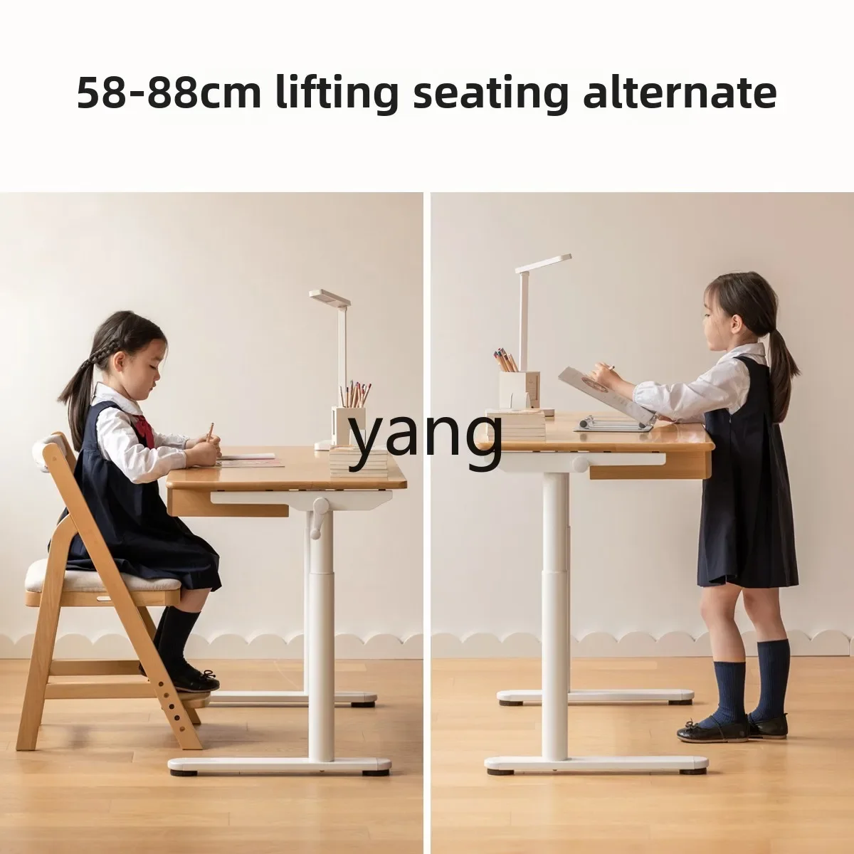 LTT solid wood study table hand crank can be lifted and lowered, primary and secondary school students desk with bookshelf