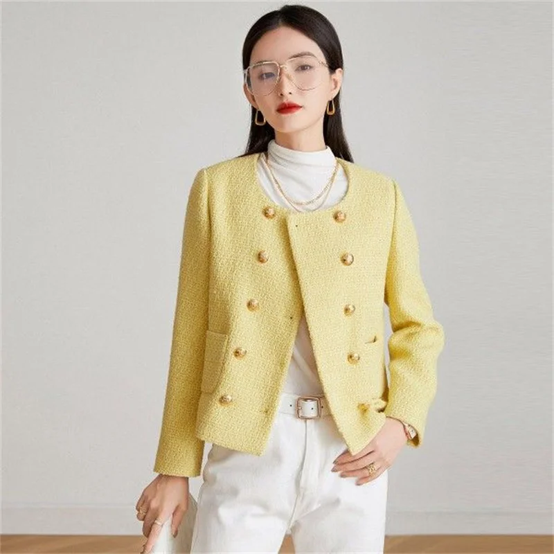 Ladies Double Breasted Buckle Short Versatile Outerwear New  Female Sleeved Coat Spring Autumn Women Round Neck Leisure Jacket