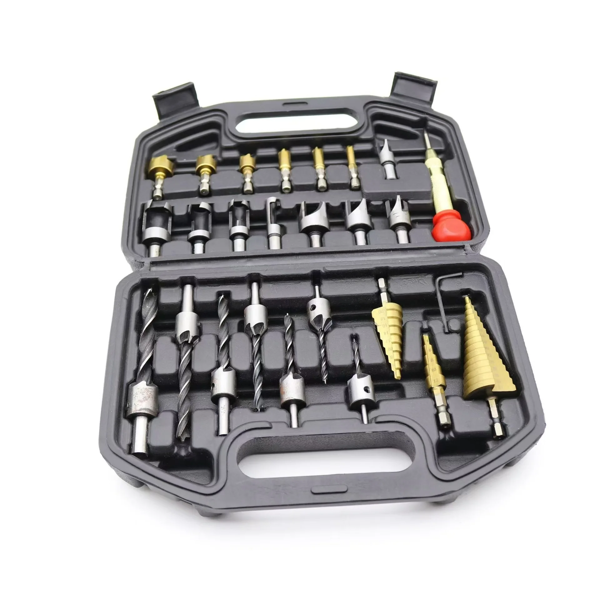 26Pc combination set, pagoda drill, center punch, woodworking three-pointed drill, five-blade chamferor, cork drill, drill tool.