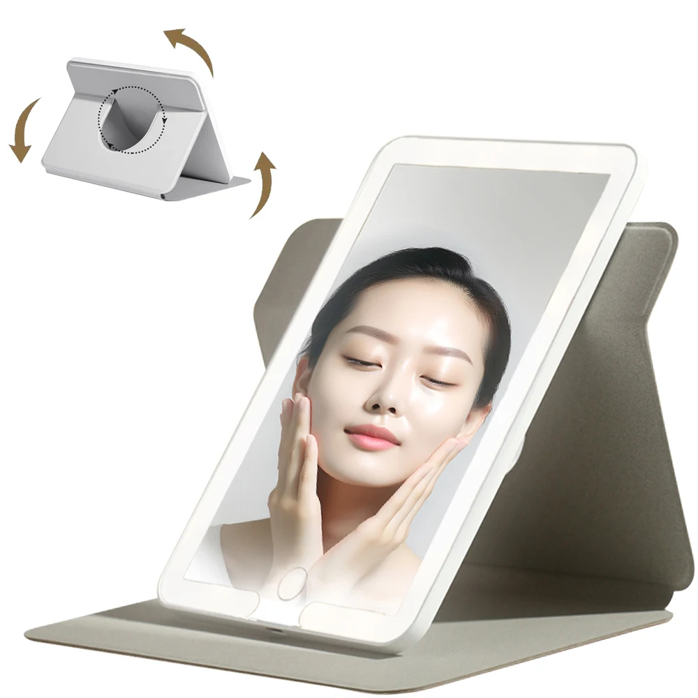 Miroir de courtoisie de maquillage 4.2 par LED aste avec capteur tactile de gradation, rotation du cadre résistant à 360, étui en cuir étanche