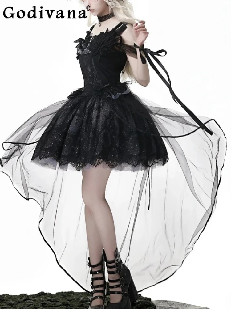 

Lolita Gothic Short Sleeve Slash Neck Irregular Suspender Dresses Spring Summer Girl Versatile Age-reducing High Waist Dress