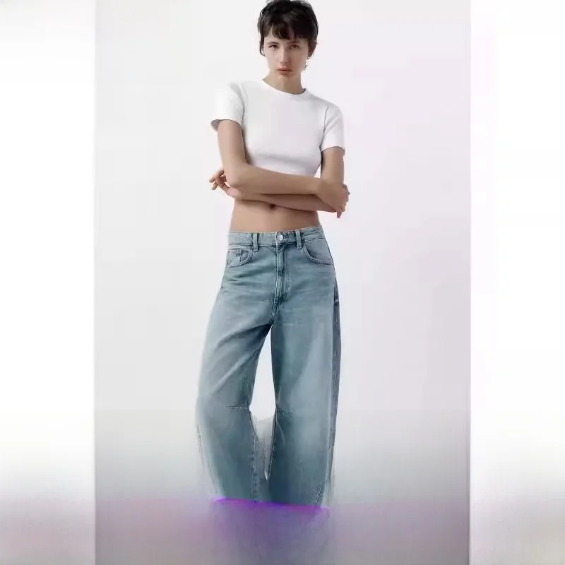 

Spring 2024 Women's Loose Boyfriend Sle Mid-Waist Balloon Denim Jeans Straight Leg Long Pants High Waist Pure Color Jeans