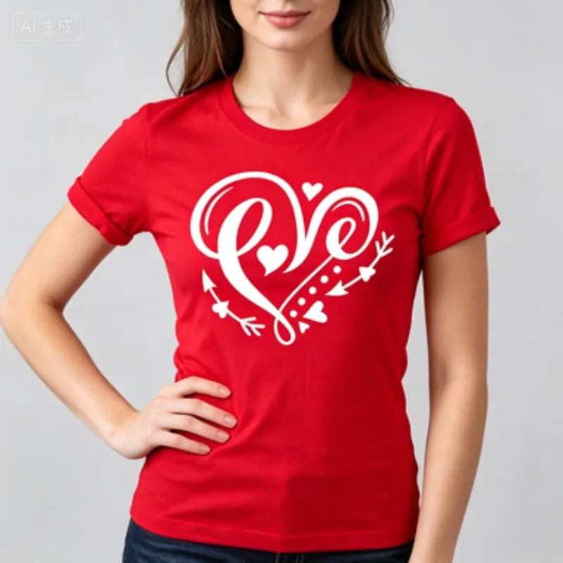 Love Heart Arrow Women Cotton Slim Tee Cursive Art Print Round Neck Casual Summer Valentine Day Women T-Shirt