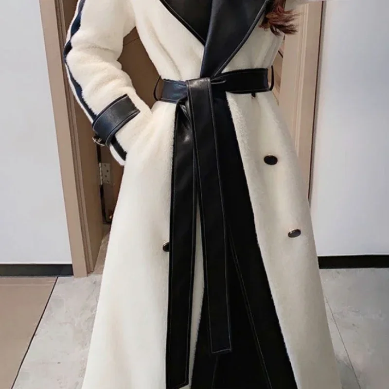 2024 New Fashion Atmosphere Individuality Temperament Color Splicing Long Plush Coat Woman Coats and Jackets Women Woolen Coat