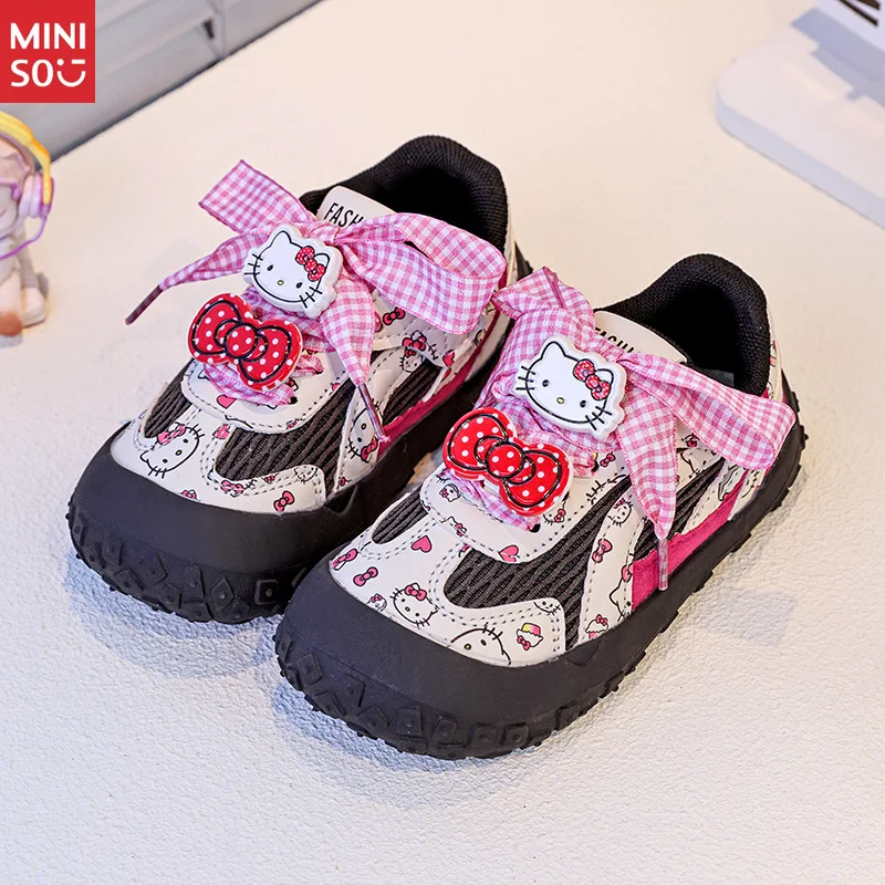 

Miniso 2025 Girls Low Top Leather Shoes, Anti-Slip Lace-Up Cartoon Sneakers