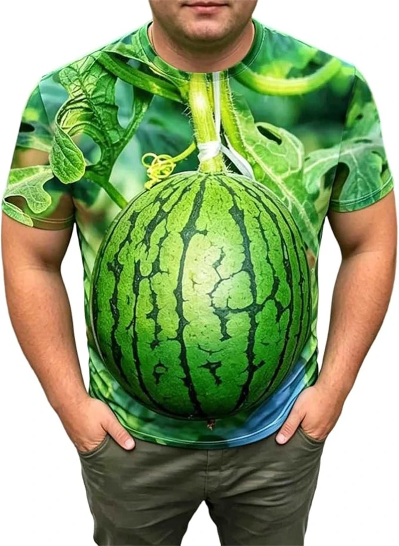 Funny Optical Illusion Fruit T Shirt For Men 3D Corn Watermelon Vivid Print Short Sleeve O‑Neck Tops Party Costume Casual Tees