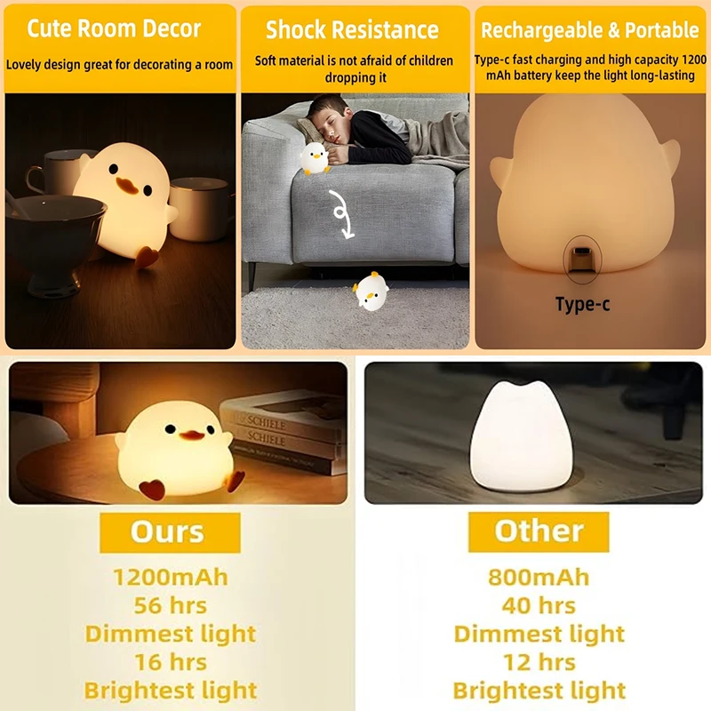 DoDo Duck Night Light, Cute Duck Lamp, Rechargeable Dimmable Nightlight, Silicone LED Bedside Lamp Nursery Touch-Sensitive