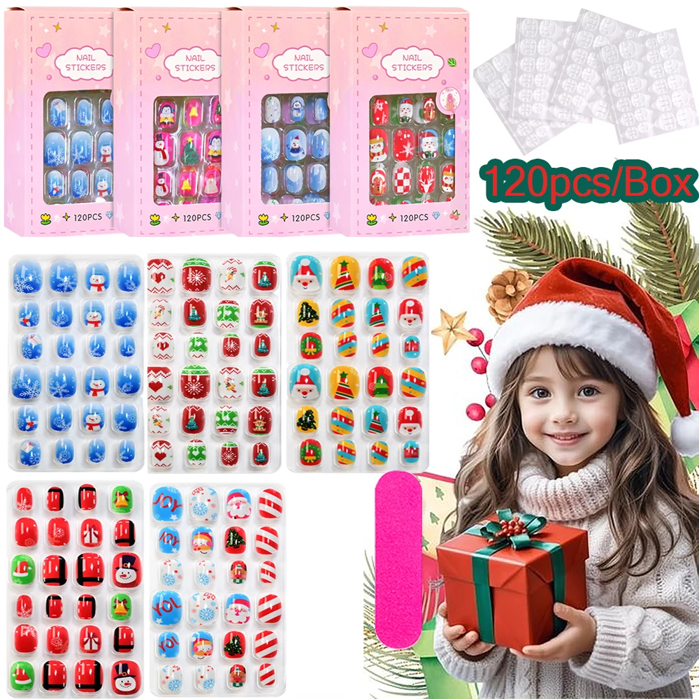 24*5style(120pcs/Box) Cute Christmas Children's Fake Nails Full Cover Glossy Short Square Shape False Nails Xmas Gifts For Kids