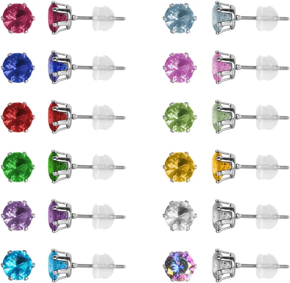 

12 Pairs Stainless Steel CZ Stud Earrings for Women, Brilliant Cut Round Cubic Zirconia Stud Earrings