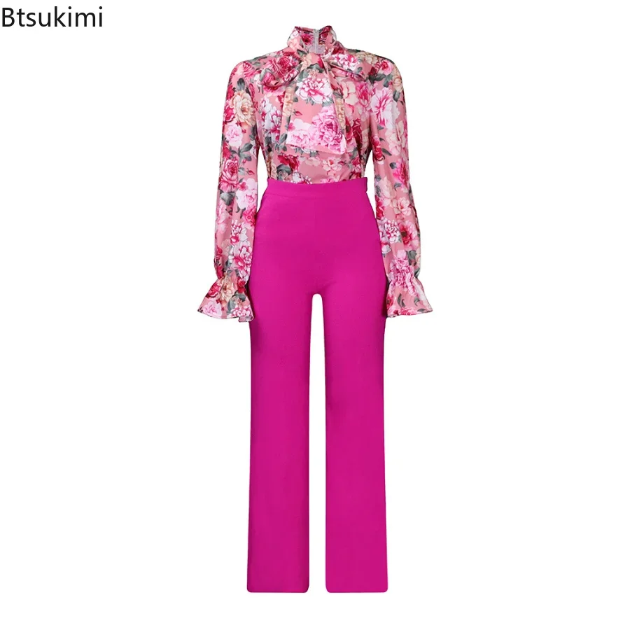 2024 Women's 2 Piece Pants Sets Flower Print Top Shirt and Wide Leg Pants Suit Sets Elegant Clothing Sets Female Workout Outfits