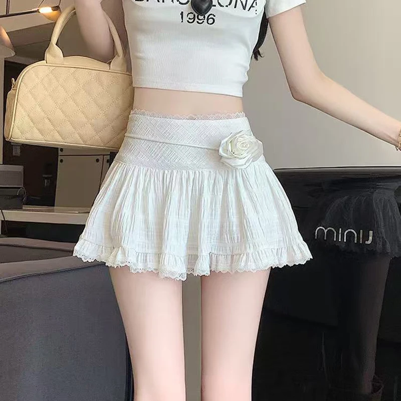 Sweet Lace Patchwork Women Mini Skirts Y2K France Elegant Preppy Ruffle Dance Skirt Korean Chic Flower Lace Up A Line Skirt