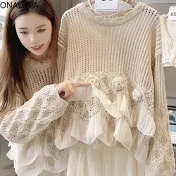 Onalippa Mesh Ruffles Patchwork Sweater Women Hollow Out Solid Three Dimensional Flowers Knitted Pullover Korean Vintage Tops