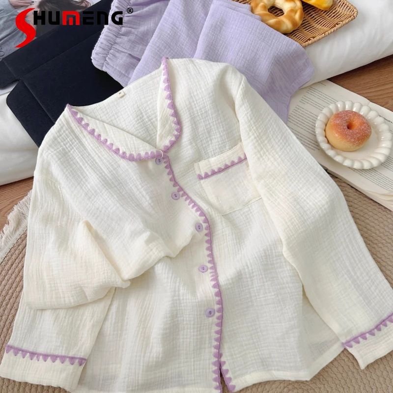

Girl's Purple Patchwork Sleep Suits Sweet All Cotton Gauze Pajama Set Women's Japanese Style Street Wear Homewear Outfits