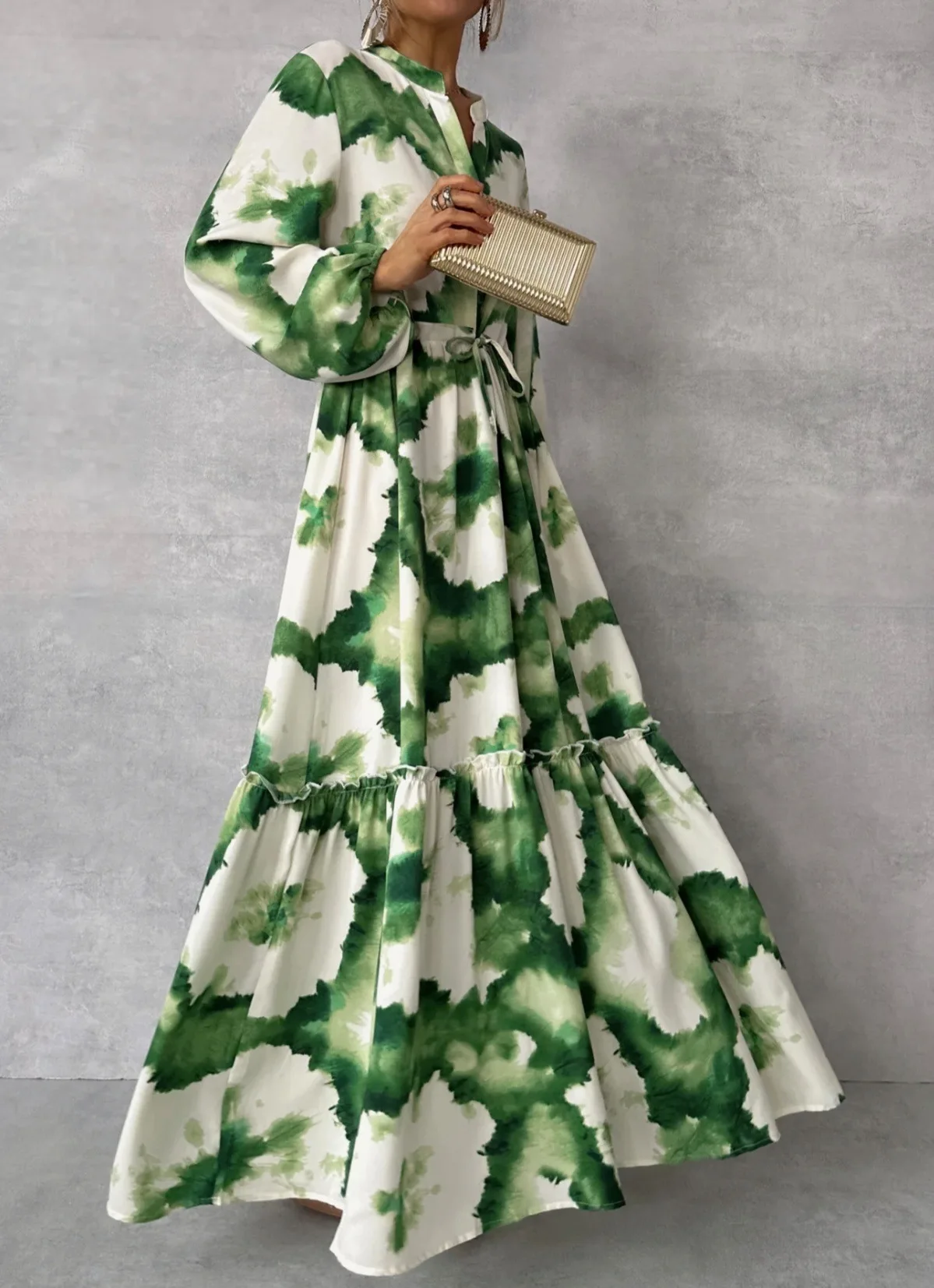 New Women Pile Up Sleeves A-Line Loose Long Dress Fashionable Green Floral print V Neck Casual Lace Up Dress Summer Wear