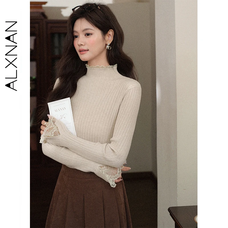 

ALXNAN водолазки, свитера цвета хаки, кружевные лоскутные расклешенные рукава, женский трикотаж, новые тонкие универсальные многослойные женские топы L58812