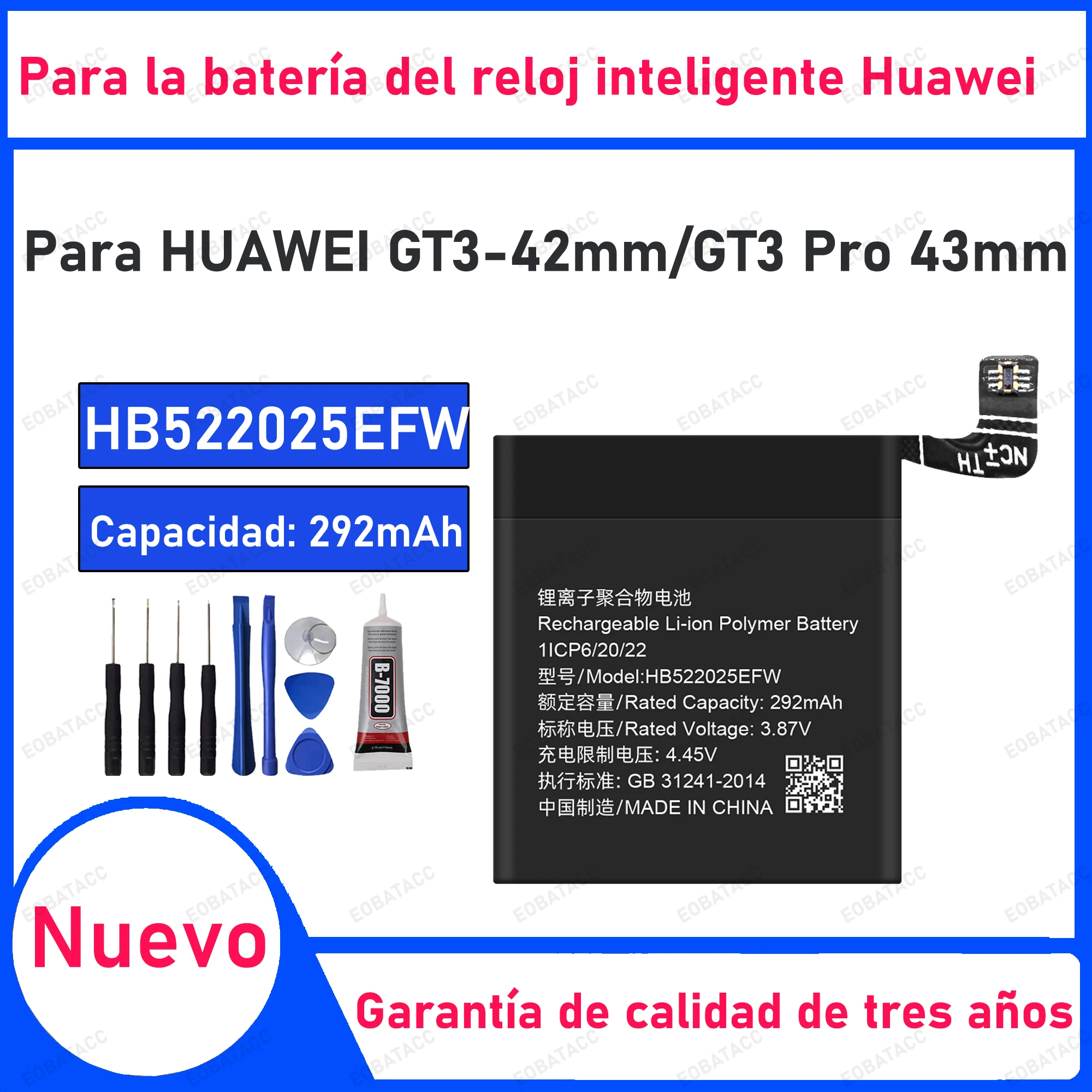 

292mAh 100% New HB522025EFW Battery For HUAWEI GT3 42mm/GT3 Pro 43mm Replacement Bateria+Free Tools