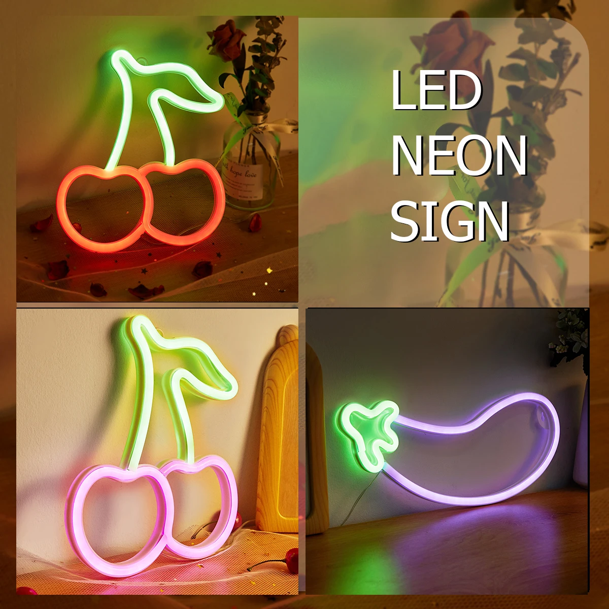 Chi-buy LED Neon Sign Cherry USB Powered /Battery Power Supply Eggplant Neon Signs For Bedroom Home Decor Lamp Neon Lamp