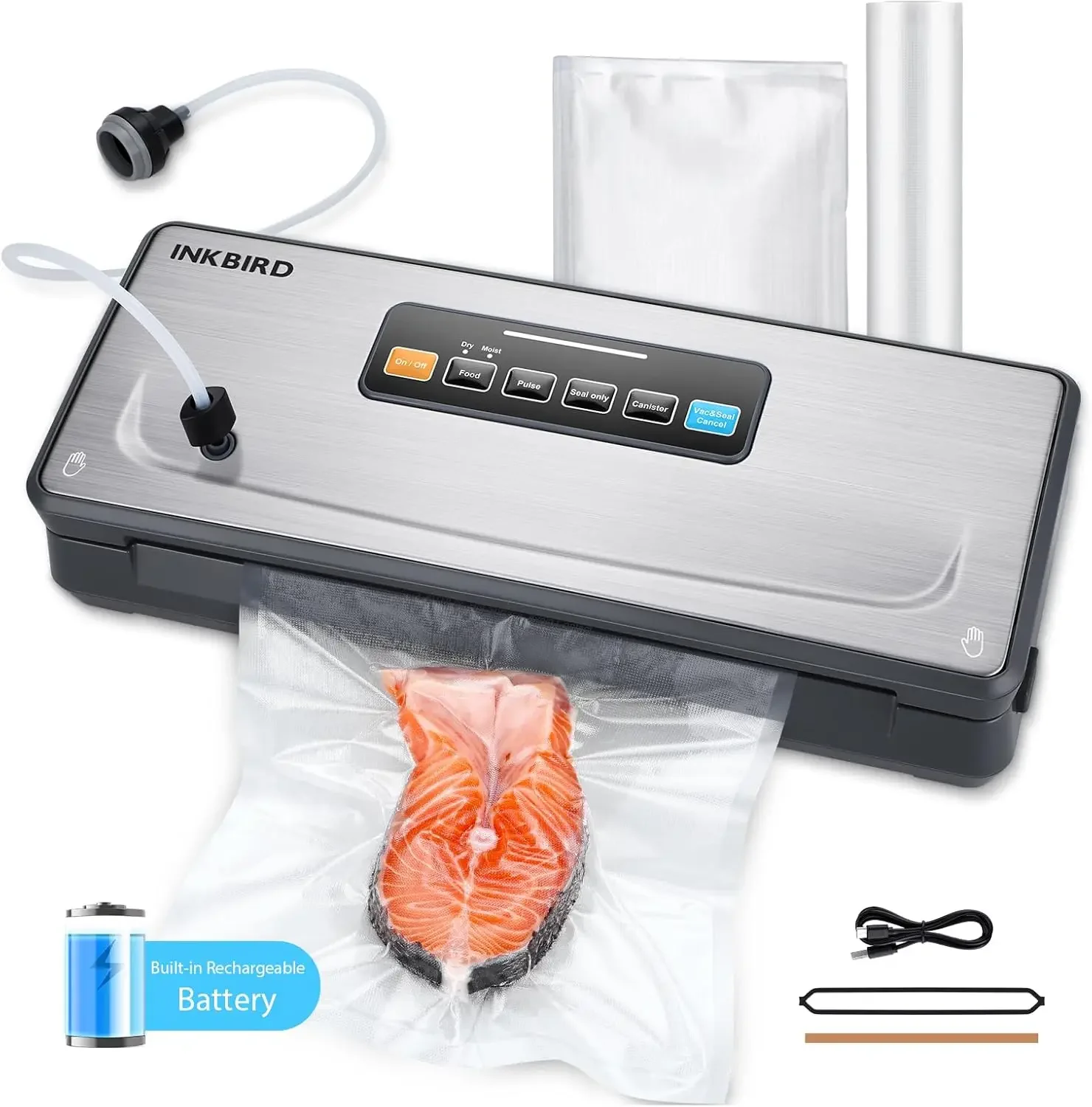 Electric Cordless Vacuum Sealer Machine, INKBIRD Rechargeable 10-In-1 Food Sealer with Bag Storage and Cutter, 5 Food Modes