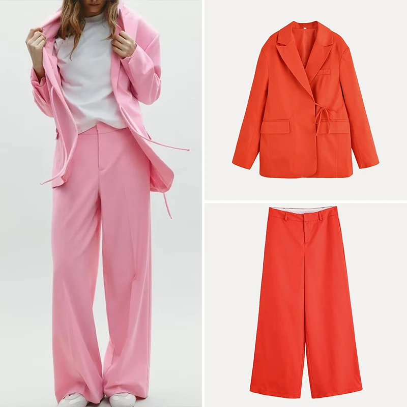 

2025 Summer New Women's Faion Suit Set with Stand Collar Jaet And Long Pants Buttoning Sve Long ZDATA Brand